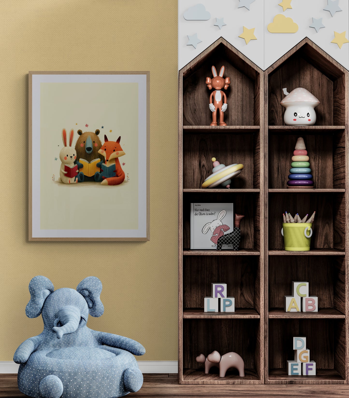 Storytime Forest Friends Minimalist Animal Illustration for Nursery and Kids Room with Fox Bear and Bunny Reading Books
