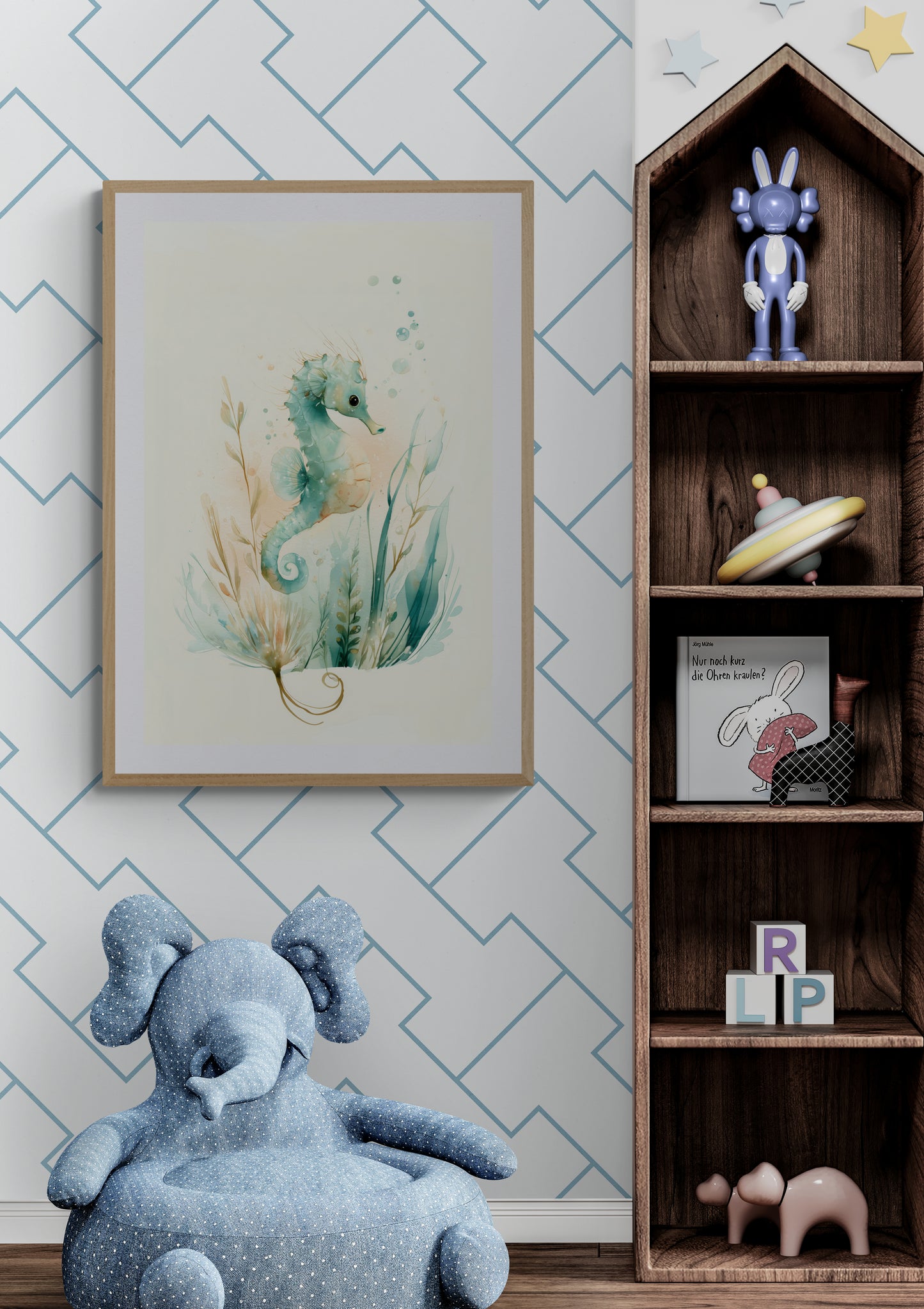 Whimsical Seahorse Watercolor Print in Soft Blue and Green – Calming Coastal Ocean Nursery Wall Art