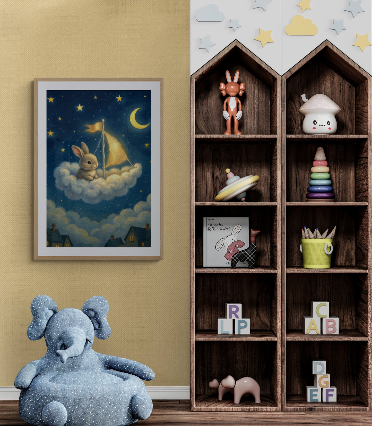 Dreamy Bunny Sailing a Cloud Under Moon and Stars - Whimsical Night Sky Digital Illustration Nursery Wall Art Print