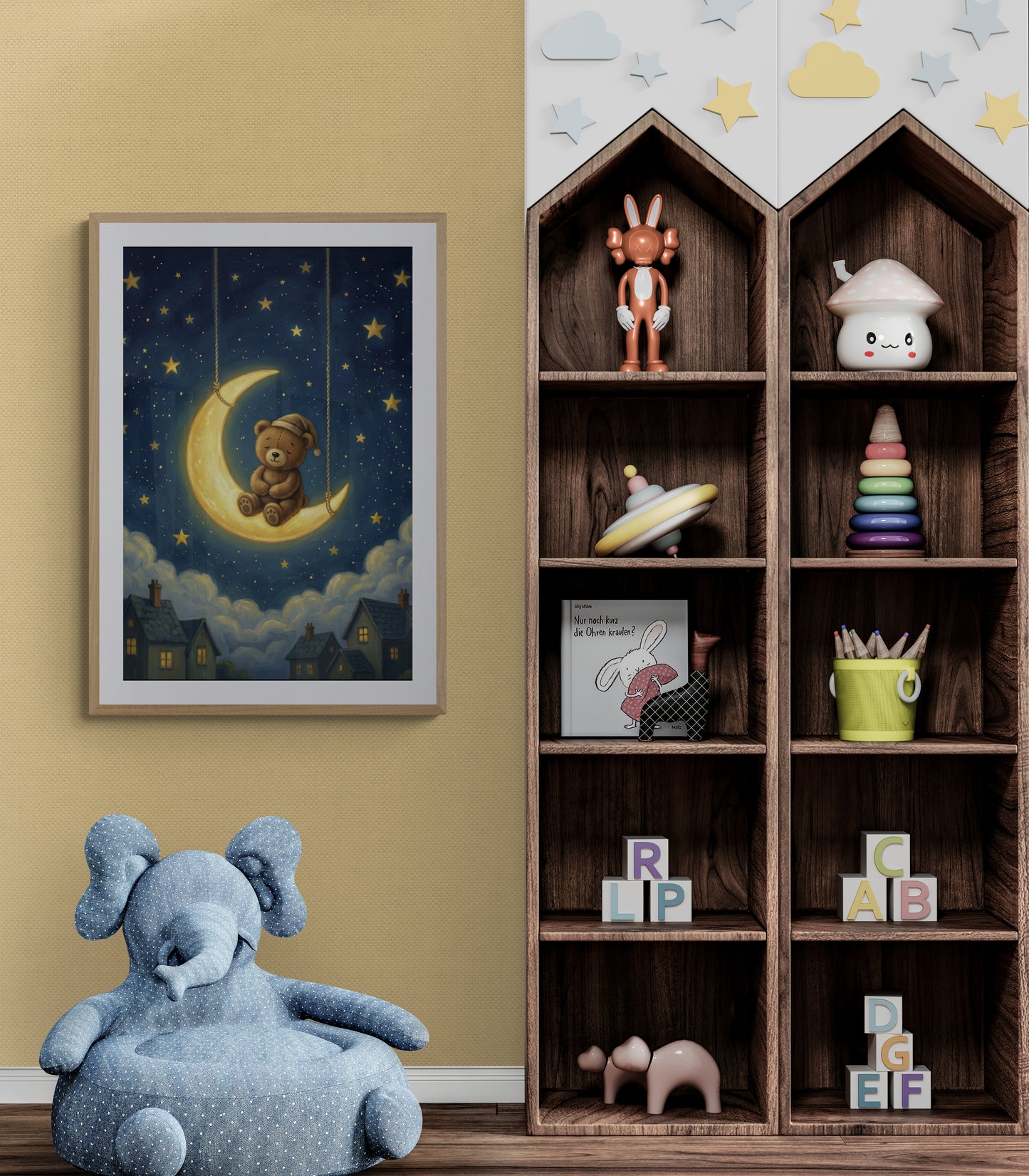 Sleepy Teddy on a Crescent Moon – Whimsical Celestial Night Sky Digital Illustration in Navy and Gold for Nursery Wall Art