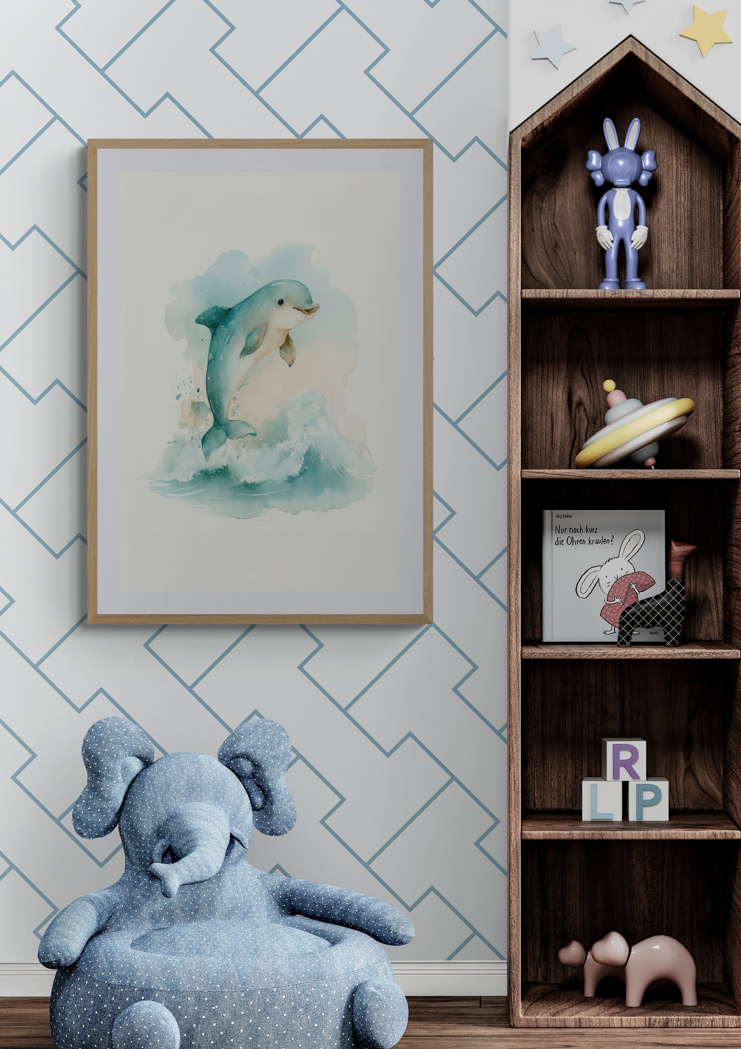 Playful Dolphin Splash Watercolor – Whimsical Ocean Nursery Wall Art in Soft Blue and Seafoam