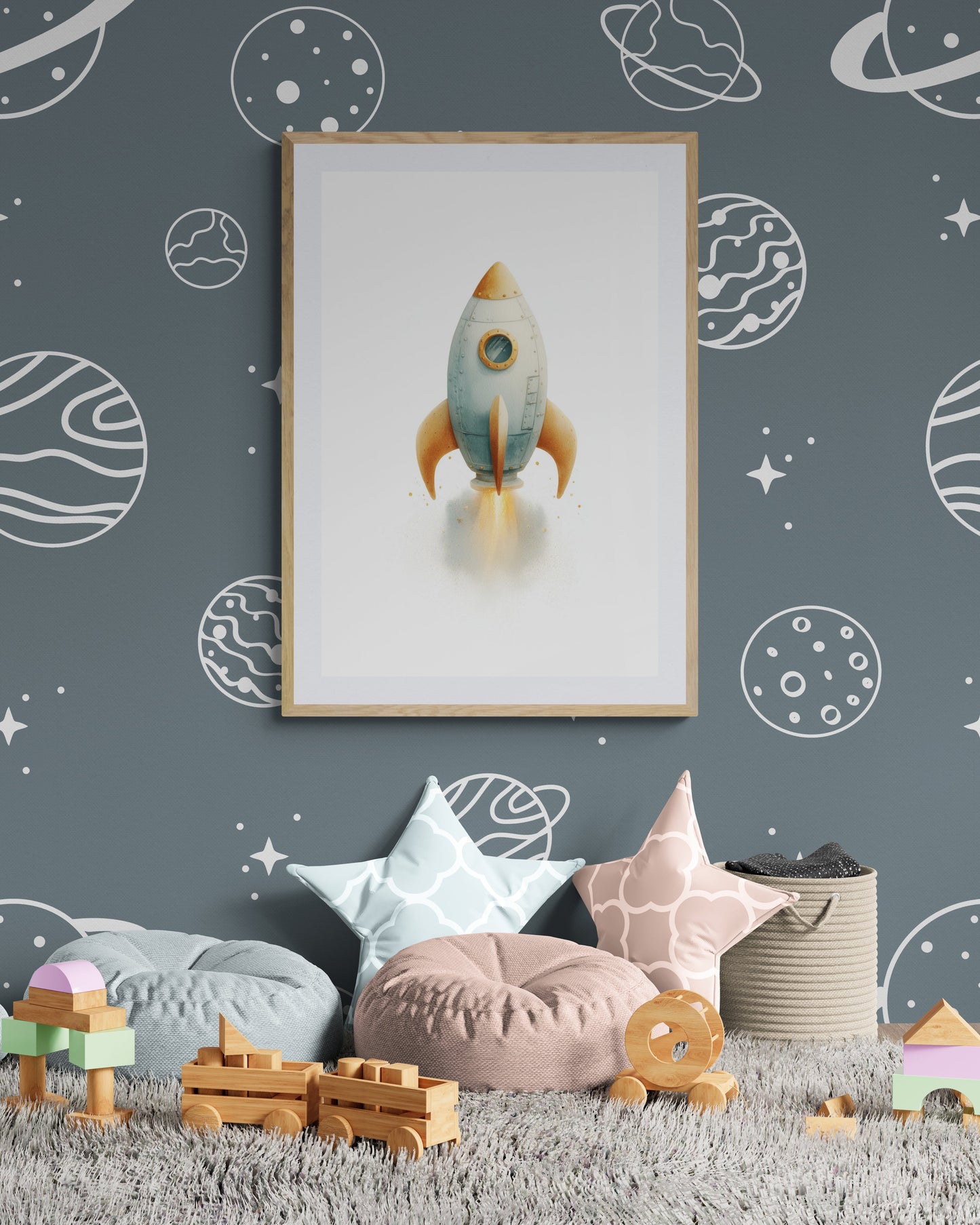 Watercolor Rocket Ship Nursery Wall Art Print, Space Theme Kids Room Decor