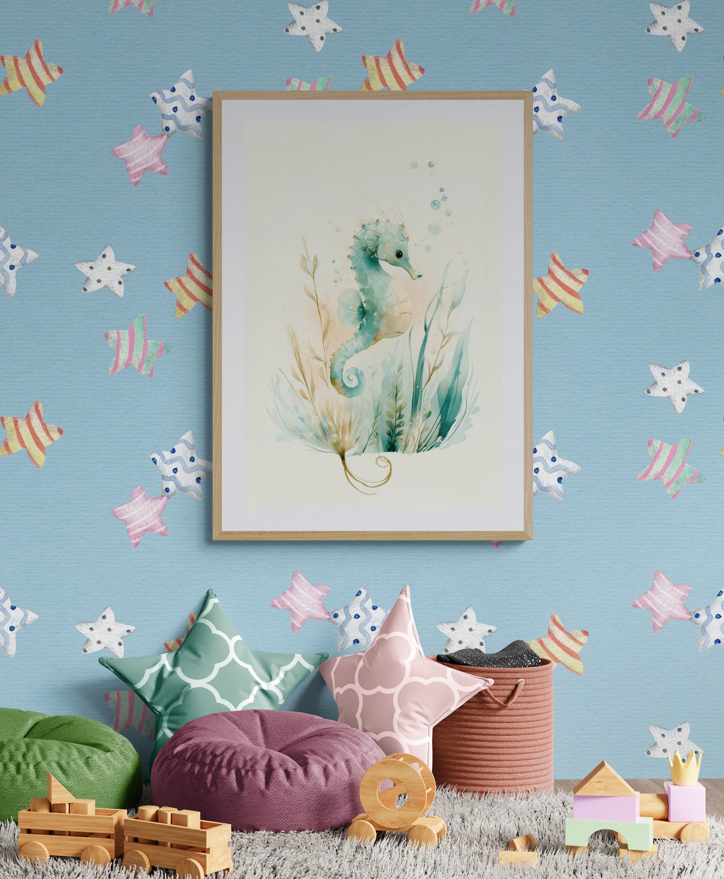 Whimsical Seahorse Watercolor Print in Soft Blue and Green – Calming Coastal Ocean Nursery Wall Art