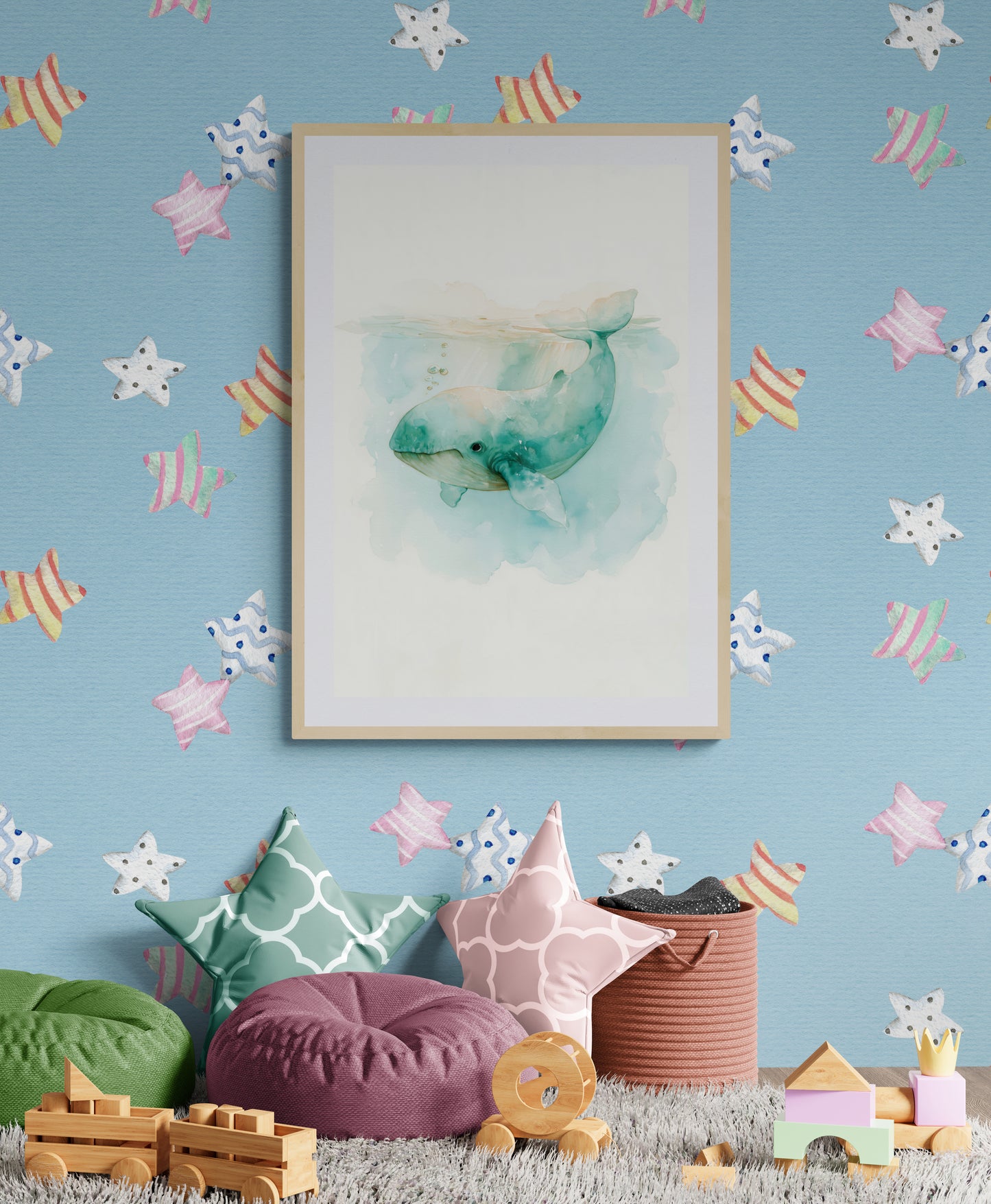 Gentle Seafoam Whale Watercolor – Calming Ocean Nursery Wall Art, Whimsical Coastal Animal Illustration