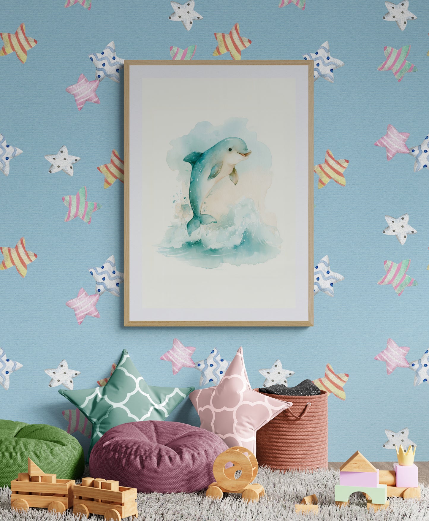 Playful Dolphin Splash Watercolor – Whimsical Ocean Nursery Wall Art in Soft Blue and Seafoam