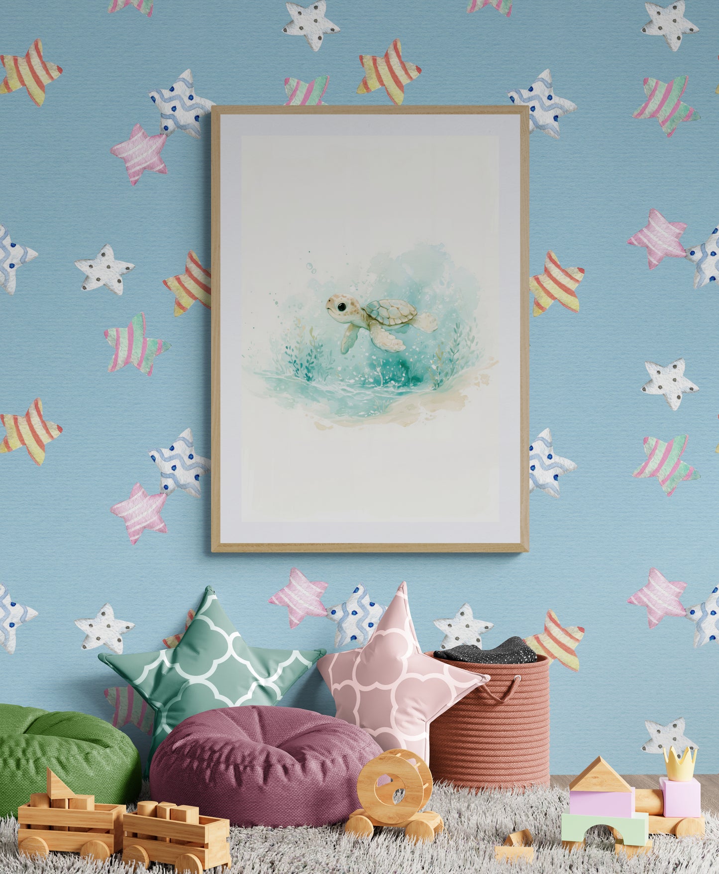 Baby Sea Turtle Watercolor – Whimsical Ocean Nursery Wall Art in Soft Aqua and Mint