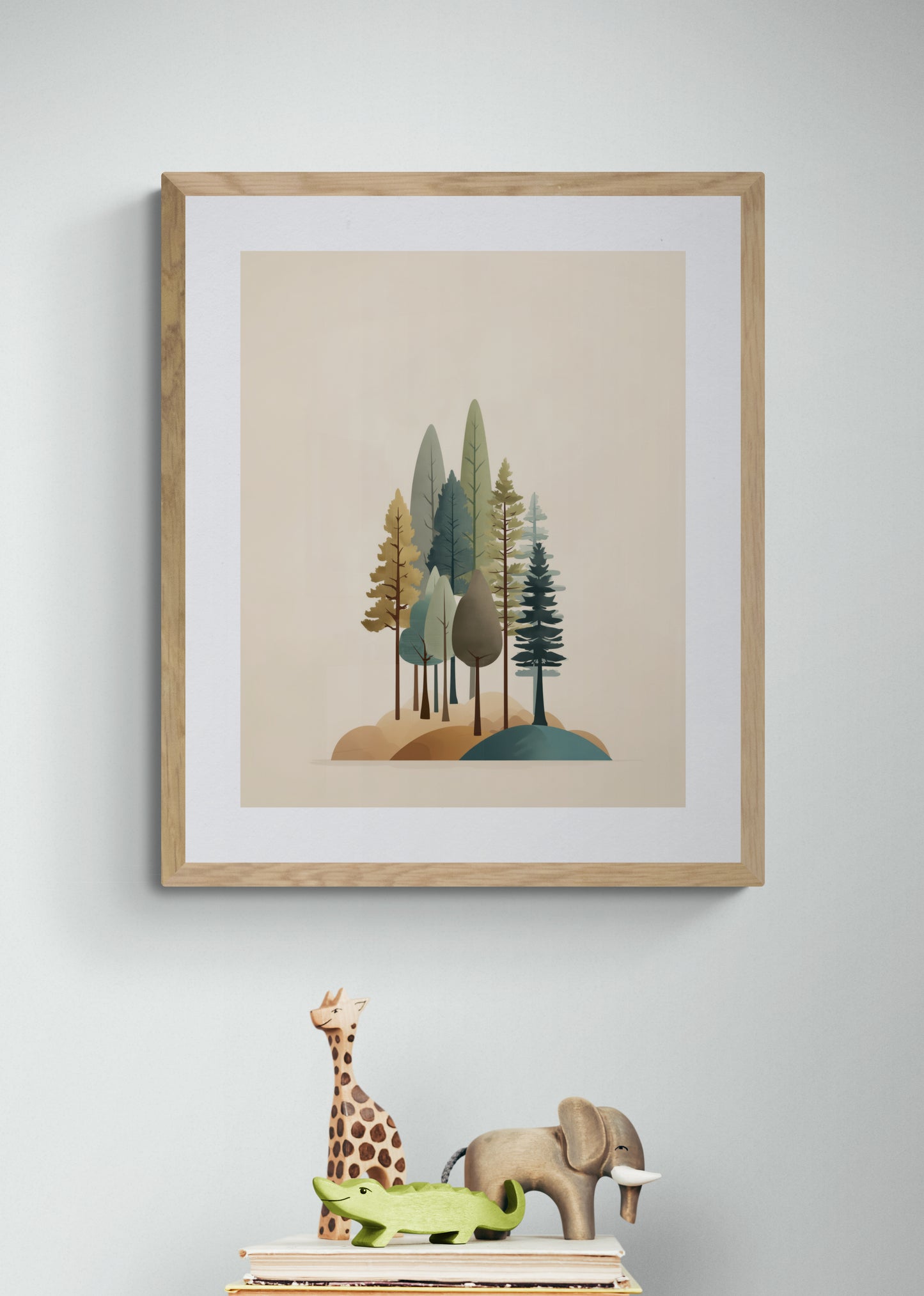 Minimal Woodland Trees Nursery Wall Art, Scandinavian Forest Print, Neutral Sage Teal Mustard Kids Room Decor