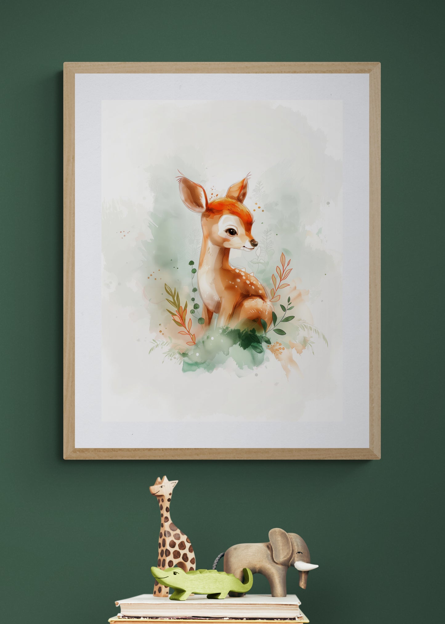 Whimsical Woodland Fawn Watercolor Print – Gentle Baby Deer Nursery Wall Art in Soft Greens and Warm Browns