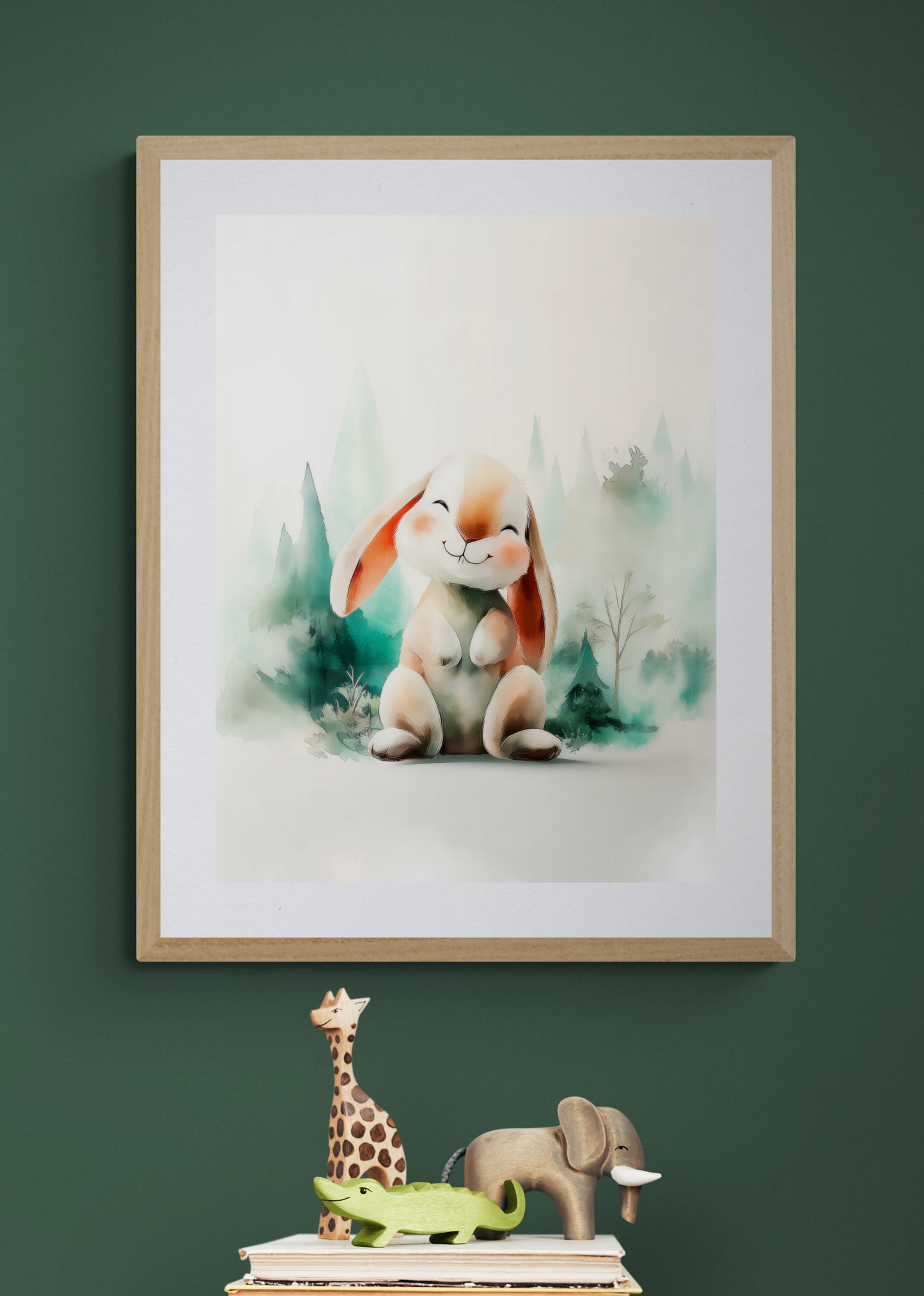 Smiling Woodland Bunny Watercolor – Whimsical Nursery Wall Art in Soft Green and Peach