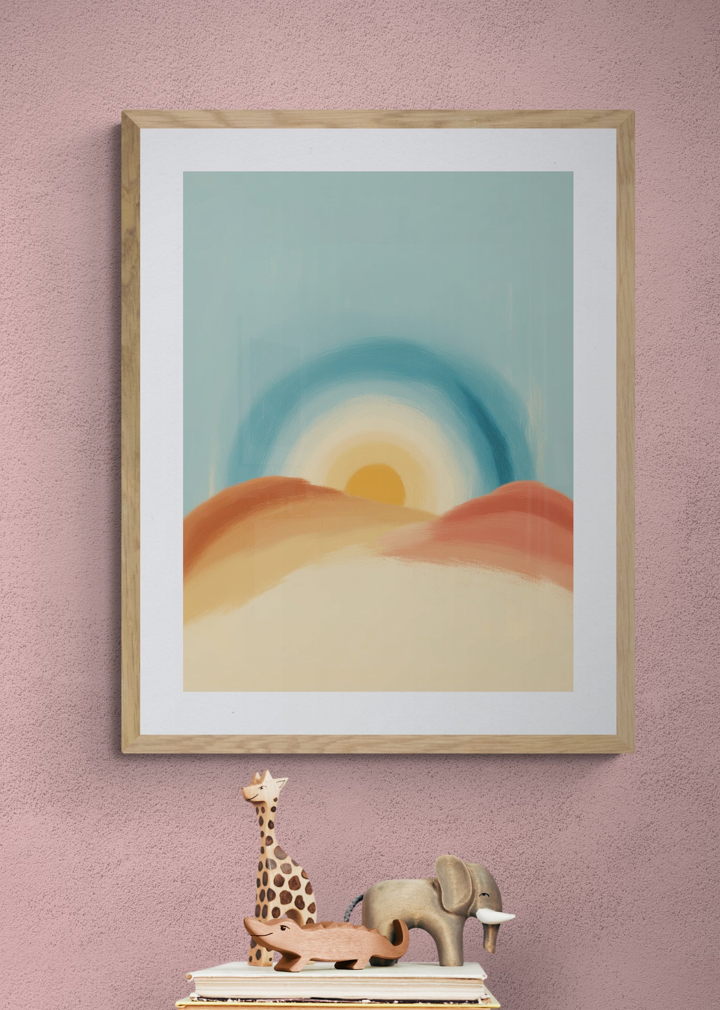 Pastel Sun Over Desert Hills Nursery Wall Art, Minimalist Boho Landscape Print for Kids Room Decor