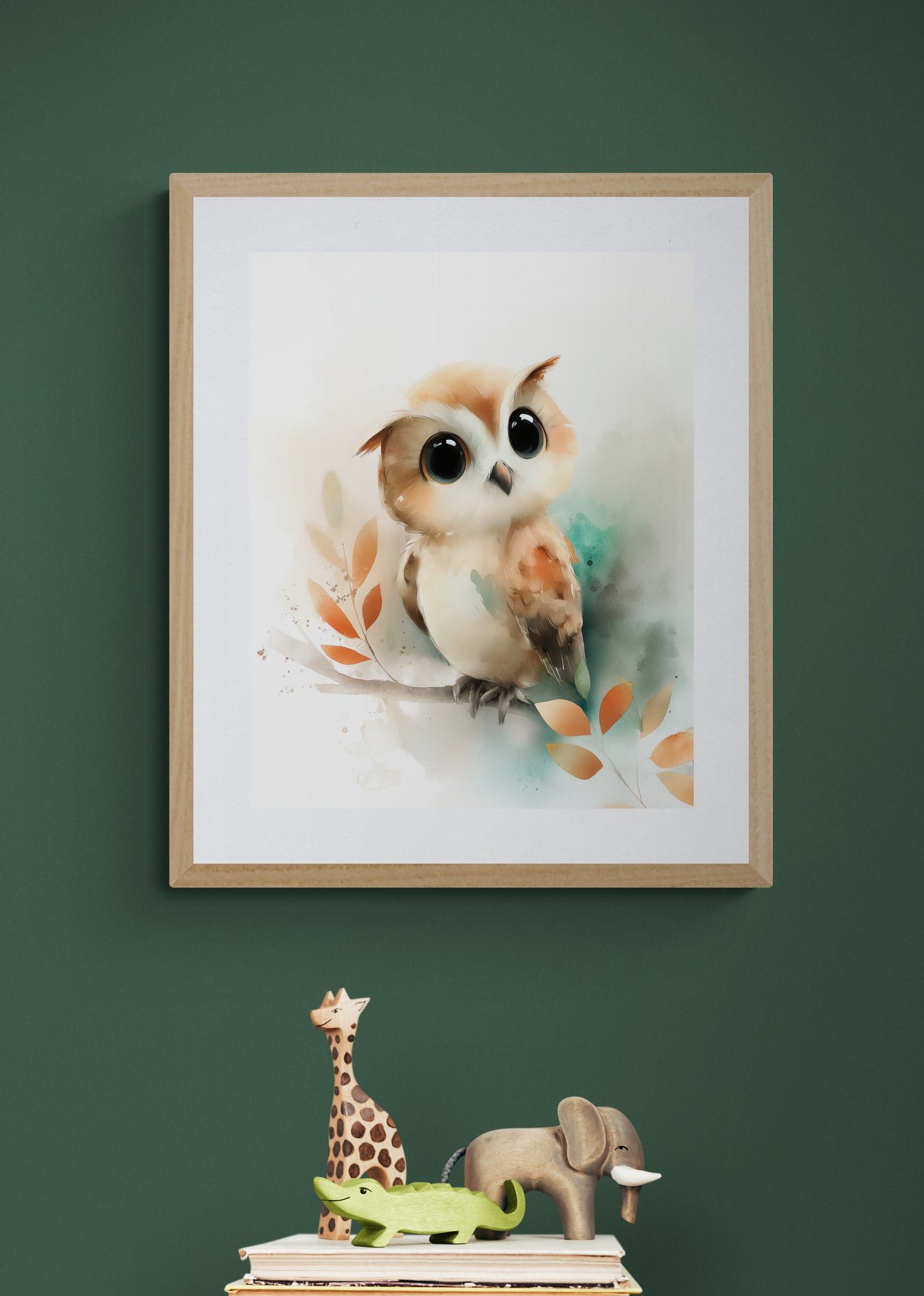 Whimsical Baby Owl Watercolor Art Print – Woodland Nursery Wall Art in Soft Beige, Teal, and Orange