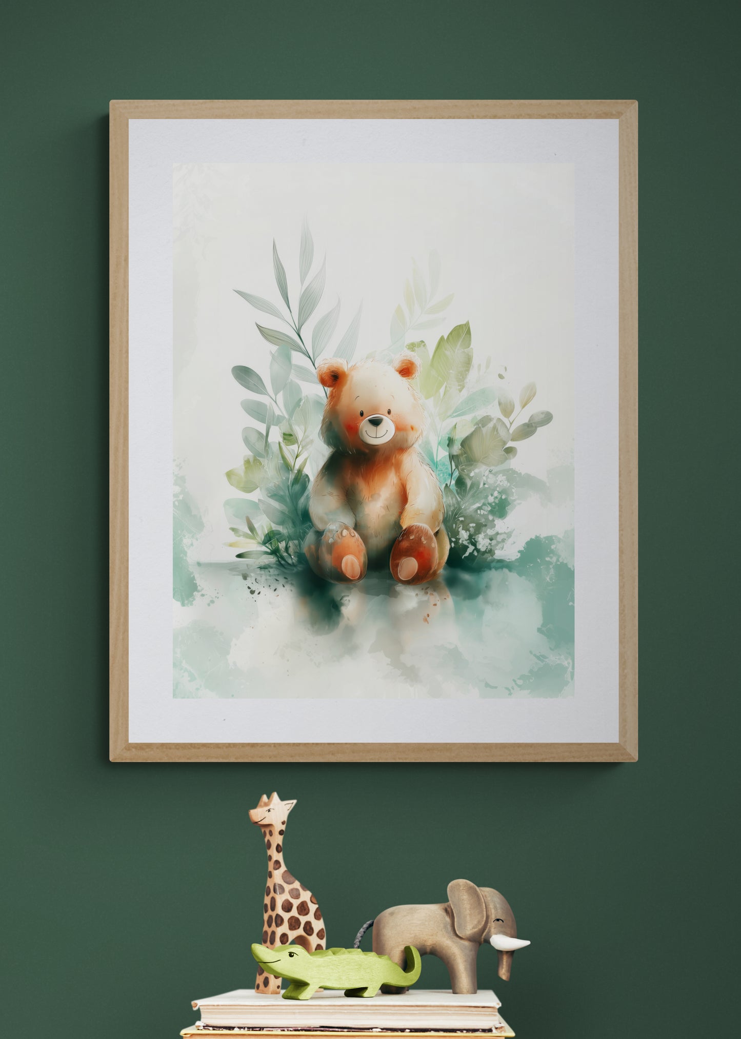 Botanical Teddy Bear – Soft Digital Watercolor Nursery Wall Art in Sage Green and Peach