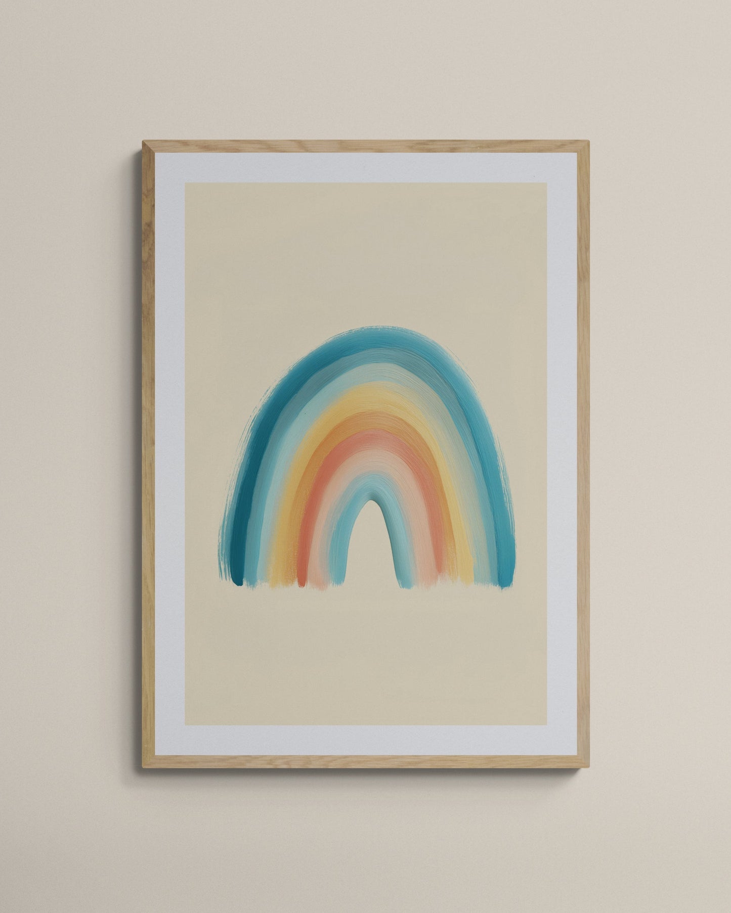 Framed artwork of a colorful rainbow on a beige wall