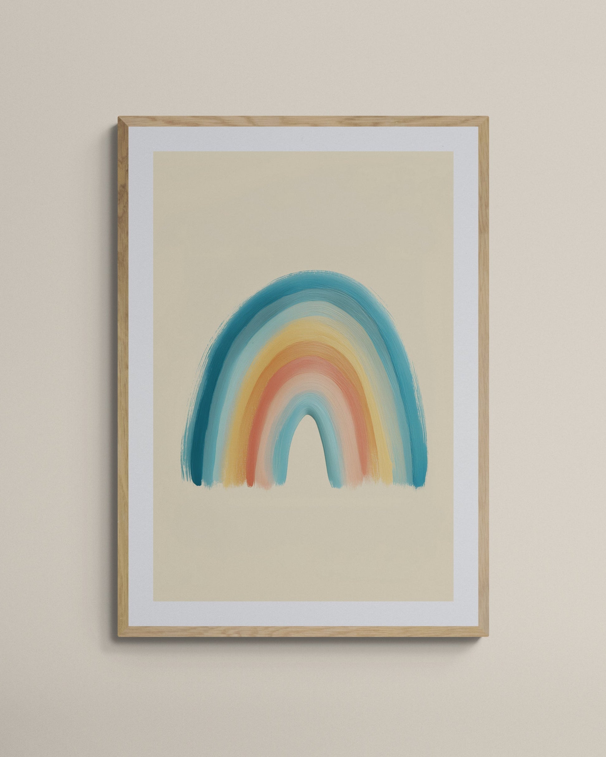 Framed artwork of a colorful rainbow on a beige wall