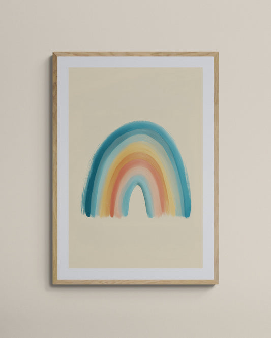 Framed artwork of a colorful rainbow on a beige wall