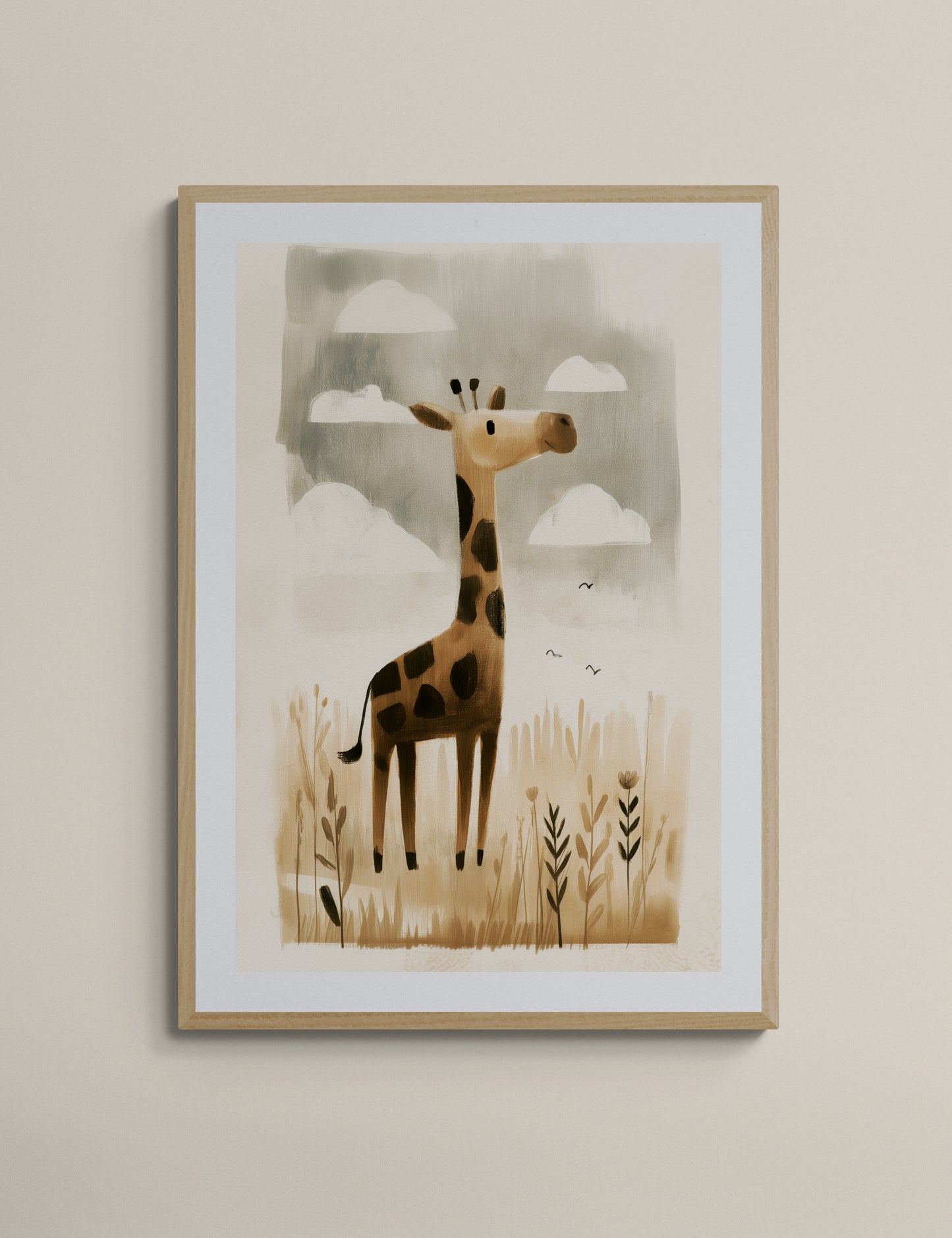 Whimsical Giraffe in Meadow – Neutral Safari Nursery Wall Art, Soft Watercolor Illustration in Beige and Brown