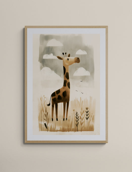 Whimsical Giraffe in Meadow – Neutral Safari Nursery Wall Art, Soft Watercolor Illustration in Beige and Brown