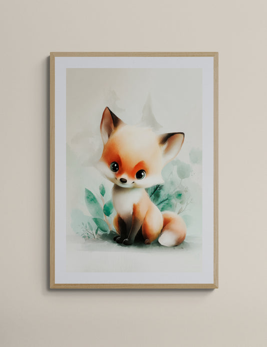 Cute Woodland Baby Fox Watercolor Art Print – Soft Orange and Mint Nursery Wall Decor