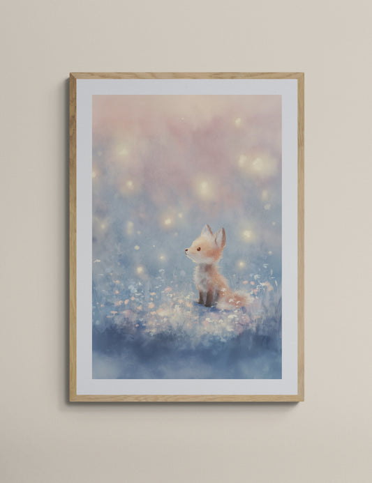 Whimsical Baby Fox with Fireflies in Pastel Twilight Meadow – Digital Painting Wall Art Print