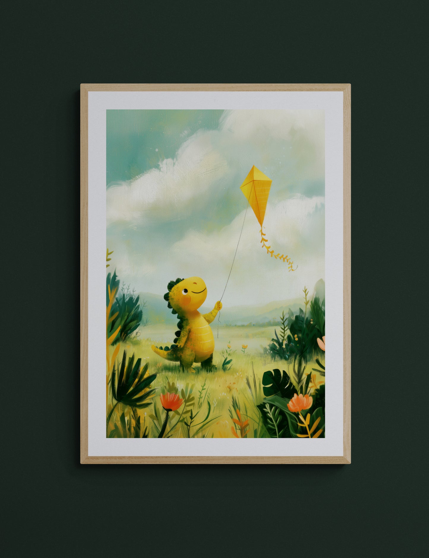 Playful Dinosaur Flying a Yellow Kite in a Sunny Meadow – Whimsical Illustrative Nursery Wall Art