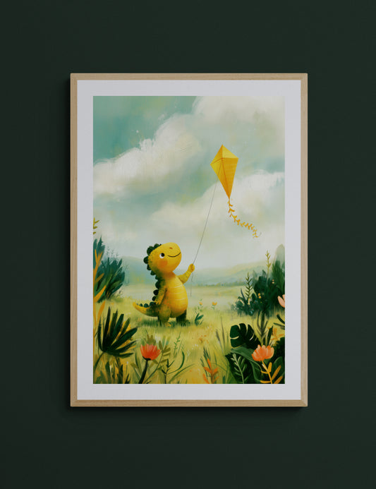 Playful Dinosaur Flying a Yellow Kite in a Sunny Meadow – Whimsical Illustrative Nursery Wall Art