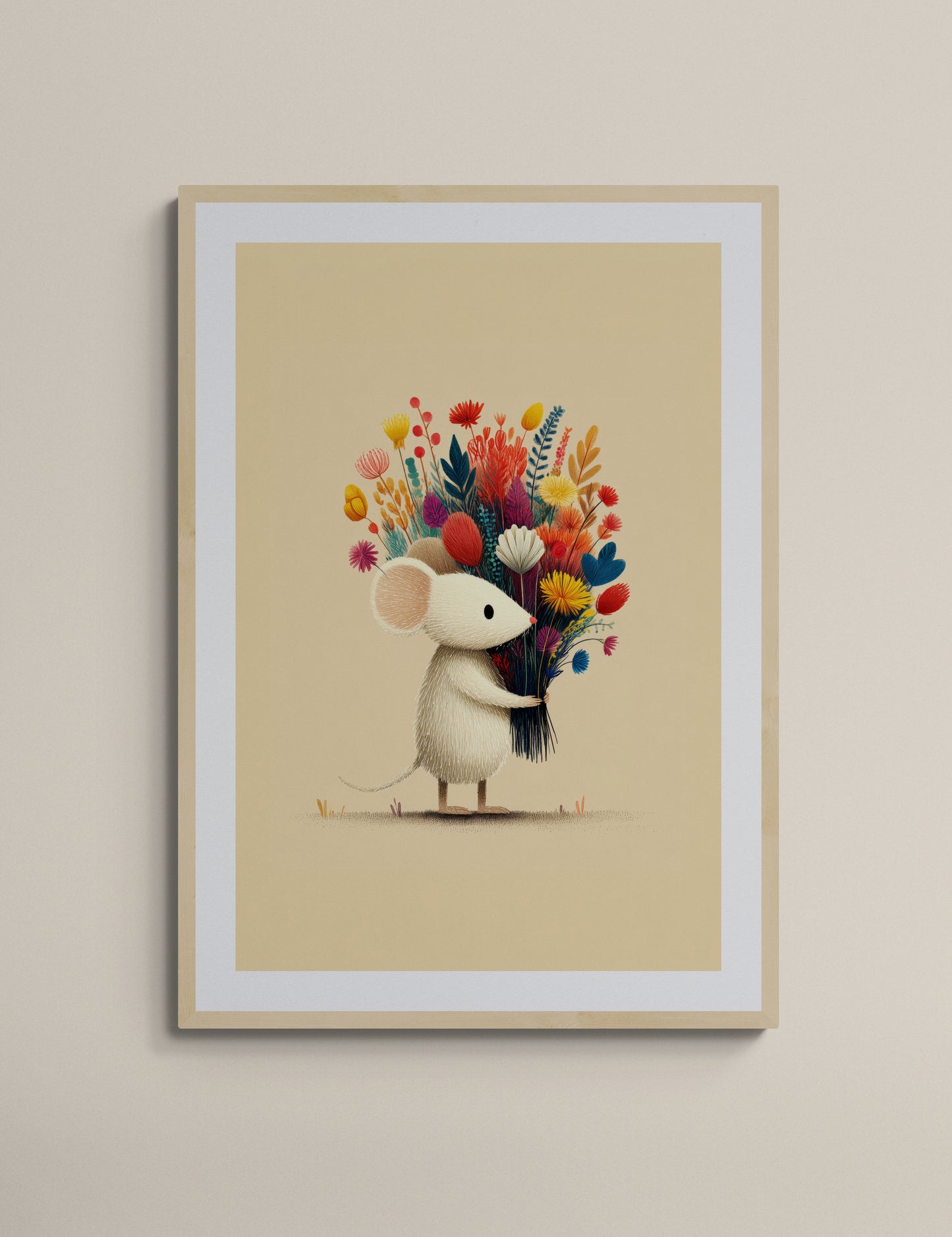 Whimsical Little Mouse with Wildflower Bouquet – Minimalist Nursery Wall Art Illustration on Soft Beige