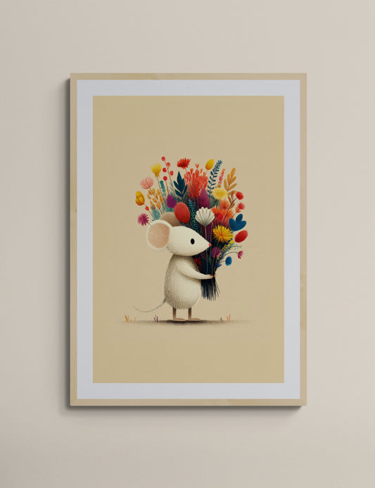 Whimsical Little Mouse with Wildflower Bouquet – Minimalist Nursery Wall Art Illustration on Soft Beige