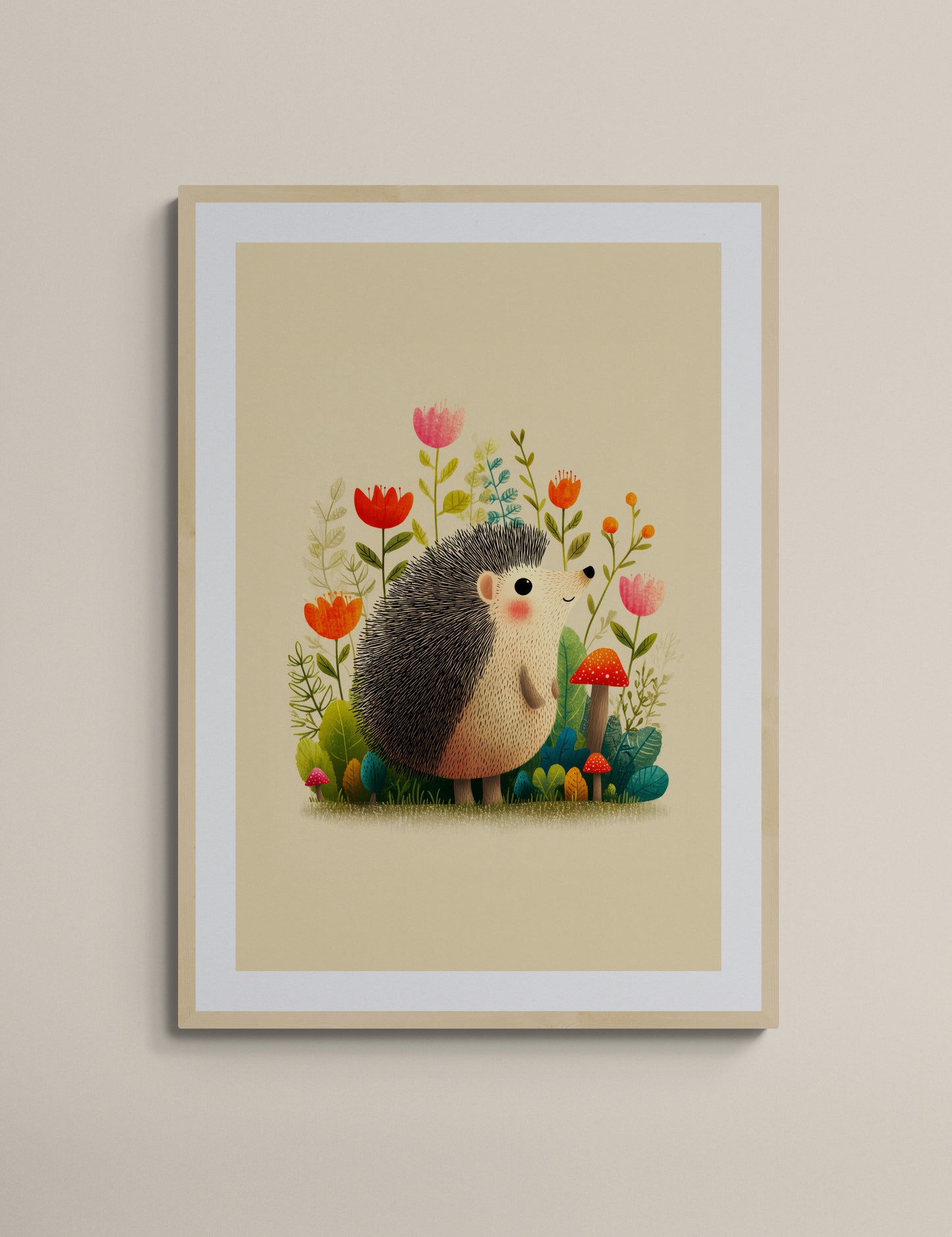 Whimsical Woodland Hedgehog with Wildflowers and Mushrooms — Cute Animal Nursery Wall Art on Beige