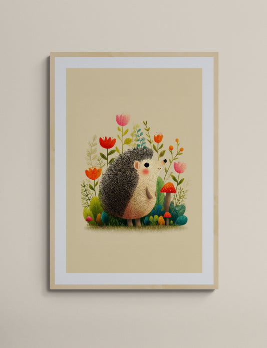 Whimsical Woodland Hedgehog with Wildflowers and Mushrooms — Cute Animal Nursery Wall Art on Beige