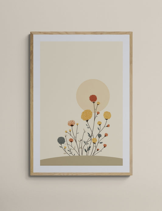 Blooming Florals & Sun – Boho Nursery Wall Art | Minimal Floral Sun Print for Kids Room