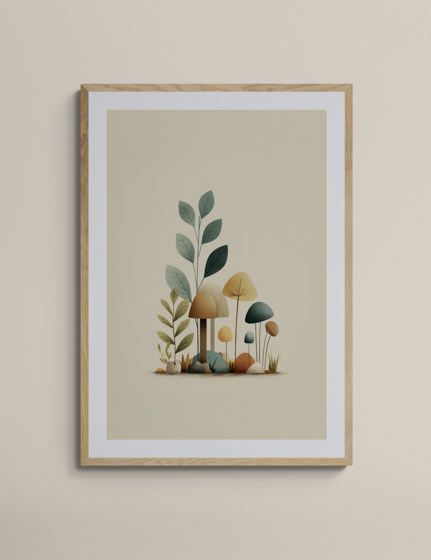 Minimal Woodland Mushroom Nursery Wall Art, Scandinavian Botanical Print, Neutral Sage Teal Mustard Kids Room Decor