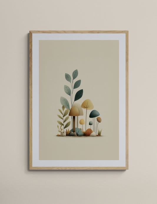 Minimal Woodland Mushroom Nursery Wall Art, Scandinavian Botanical Print, Neutral Sage Teal Mustard Kids Room Decor