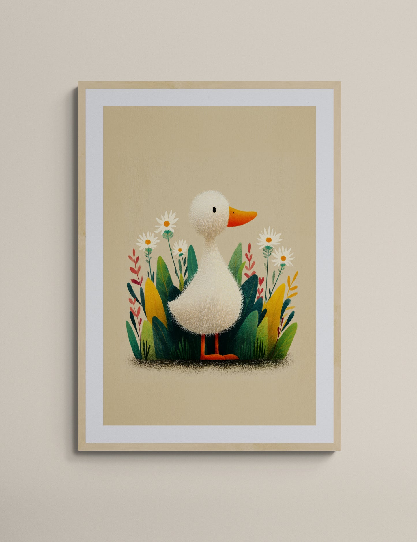 Whimsical Duckling in a Wildflower Garden – Gentle Minimalist Illustrative Nursery Wall Art on Soft Beige