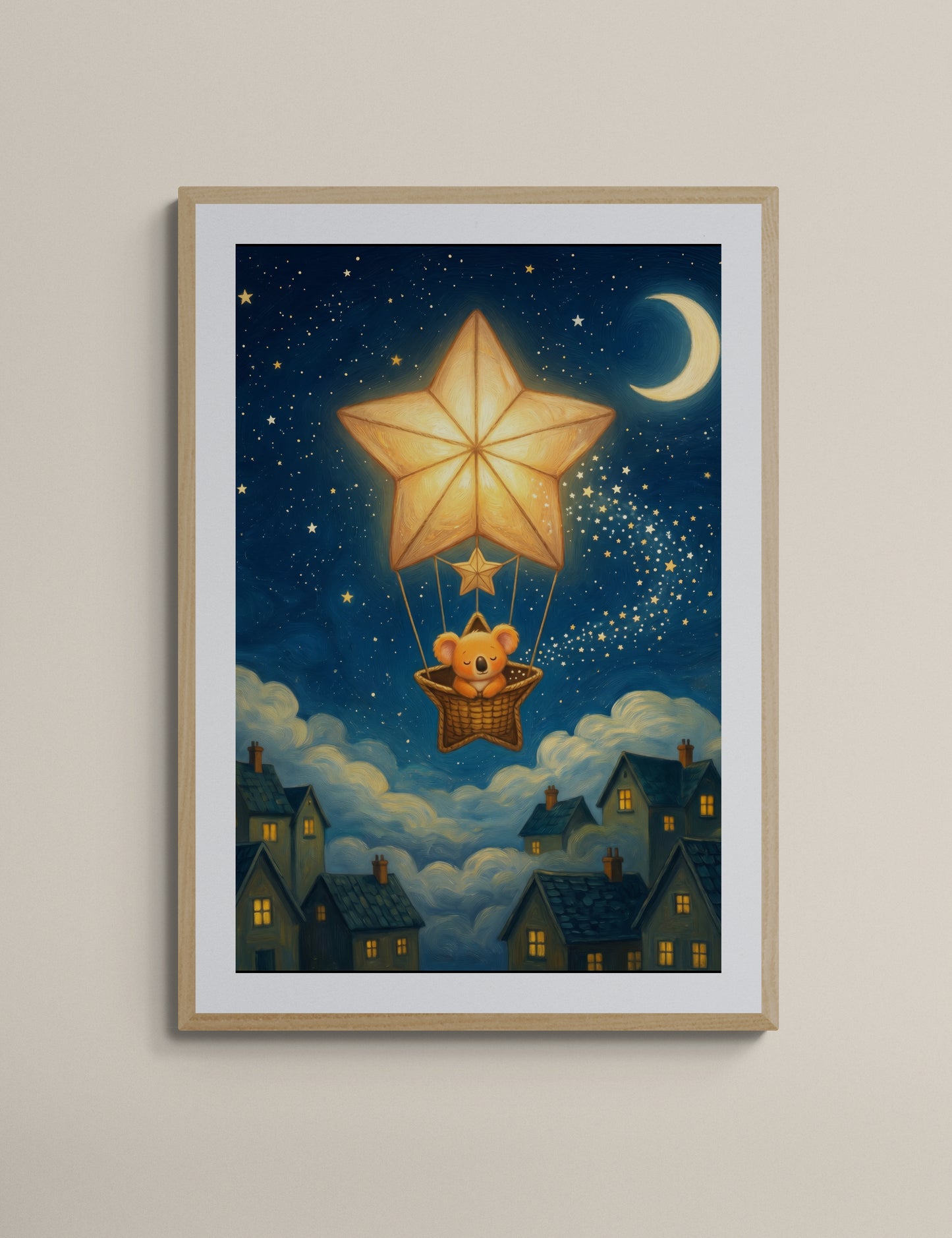 Sleepy Koala in Star Balloon Over Moonlit Village – Dreamy Celestial Nursery Wall Art Print, Digital Illustration