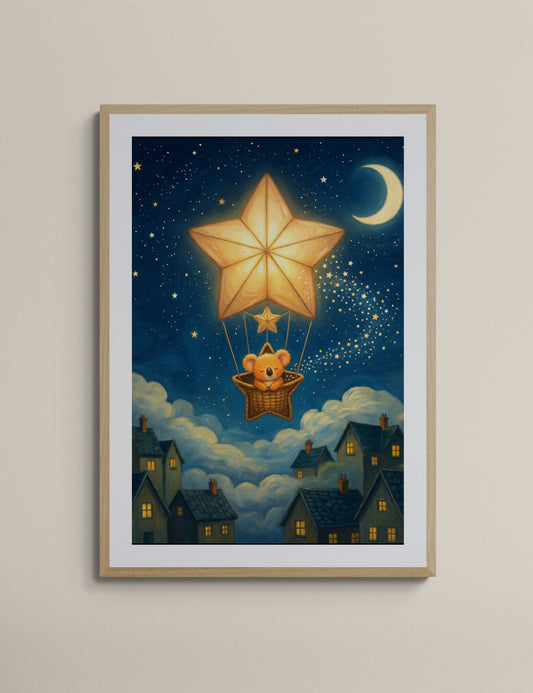 Sleepy Koala in Star Balloon Over Moonlit Village – Dreamy Celestial Nursery Wall Art Print, Digital Illustration