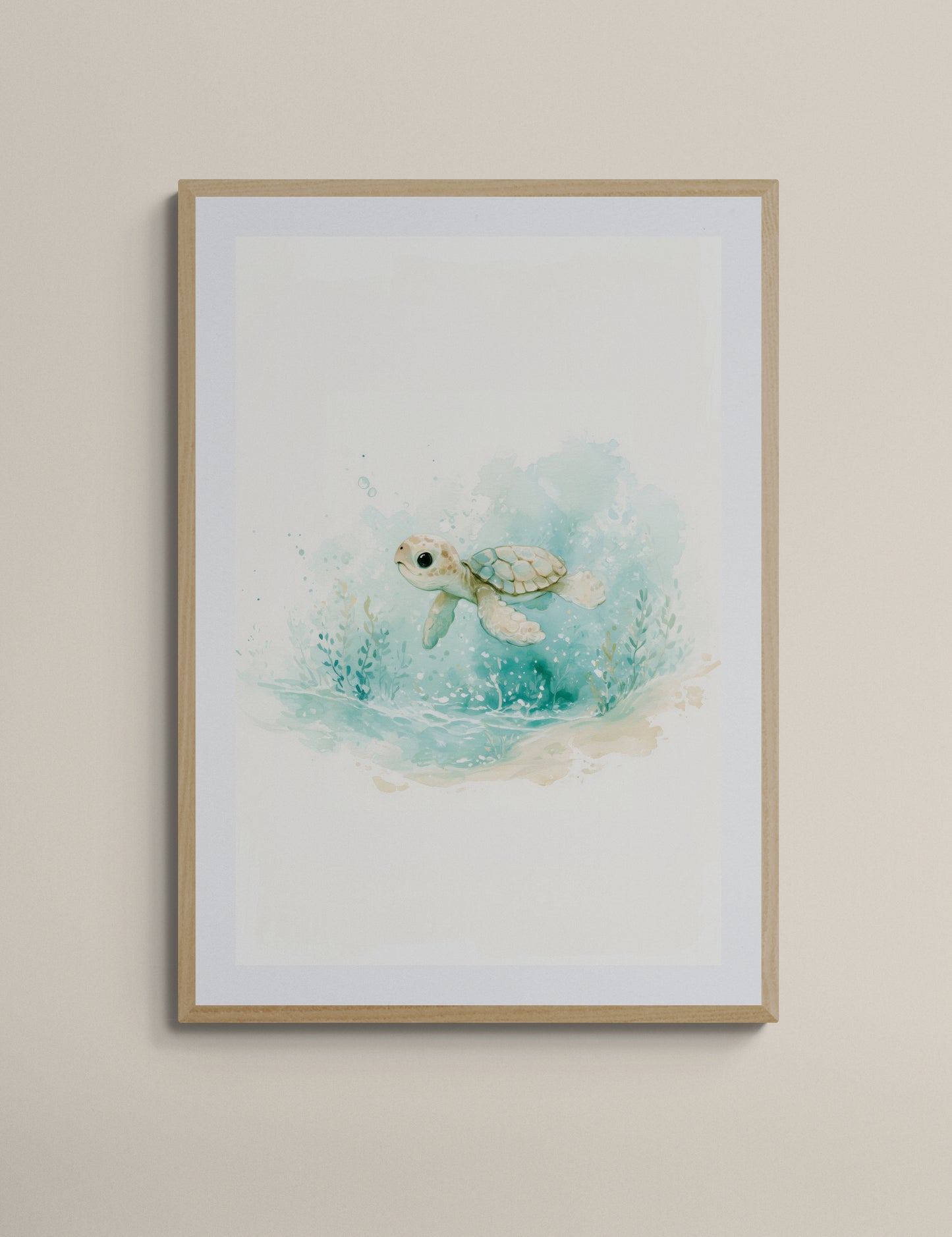 Baby Sea Turtle Watercolor – Whimsical Ocean Nursery Wall Art in Soft Aqua and Mint