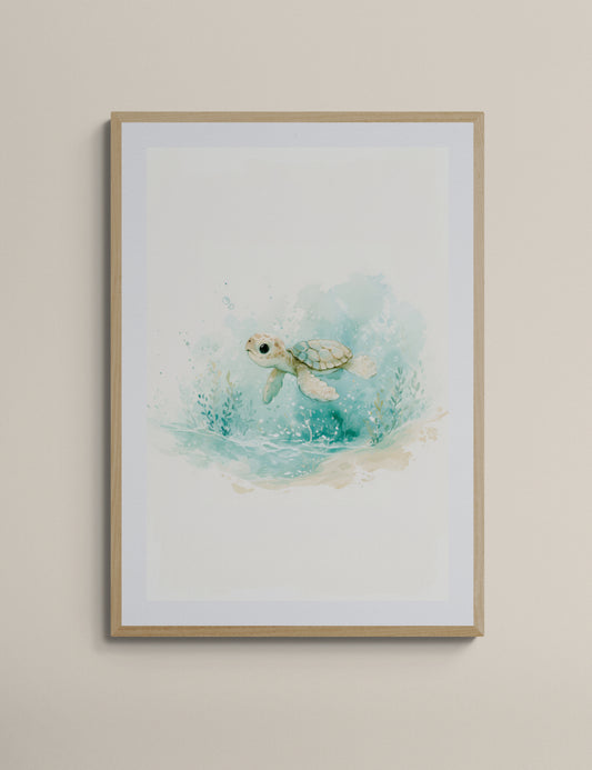 Baby Sea Turtle Watercolor – Whimsical Ocean Nursery Wall Art in Soft Aqua and Mint