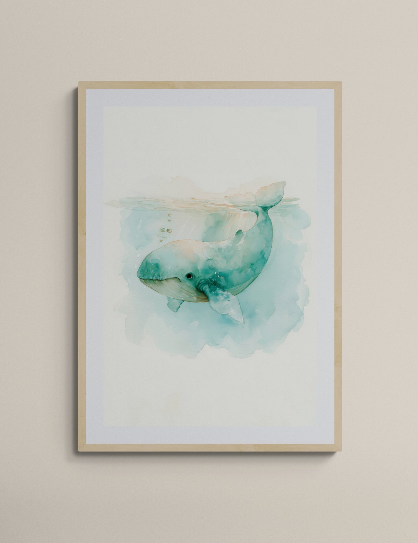 Gentle Seafoam Whale Watercolor – Calming Ocean Nursery Wall Art, Whimsical Coastal Animal Illustration