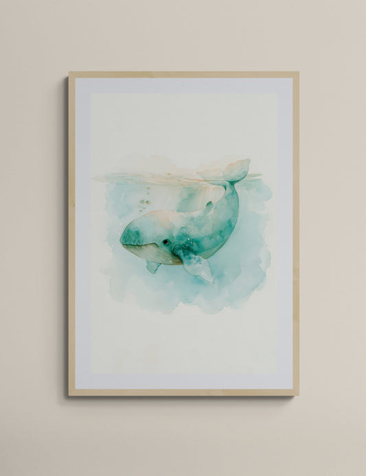 Gentle Seafoam Whale Watercolor – Calming Ocean Nursery Wall Art, Whimsical Coastal Animal Illustration