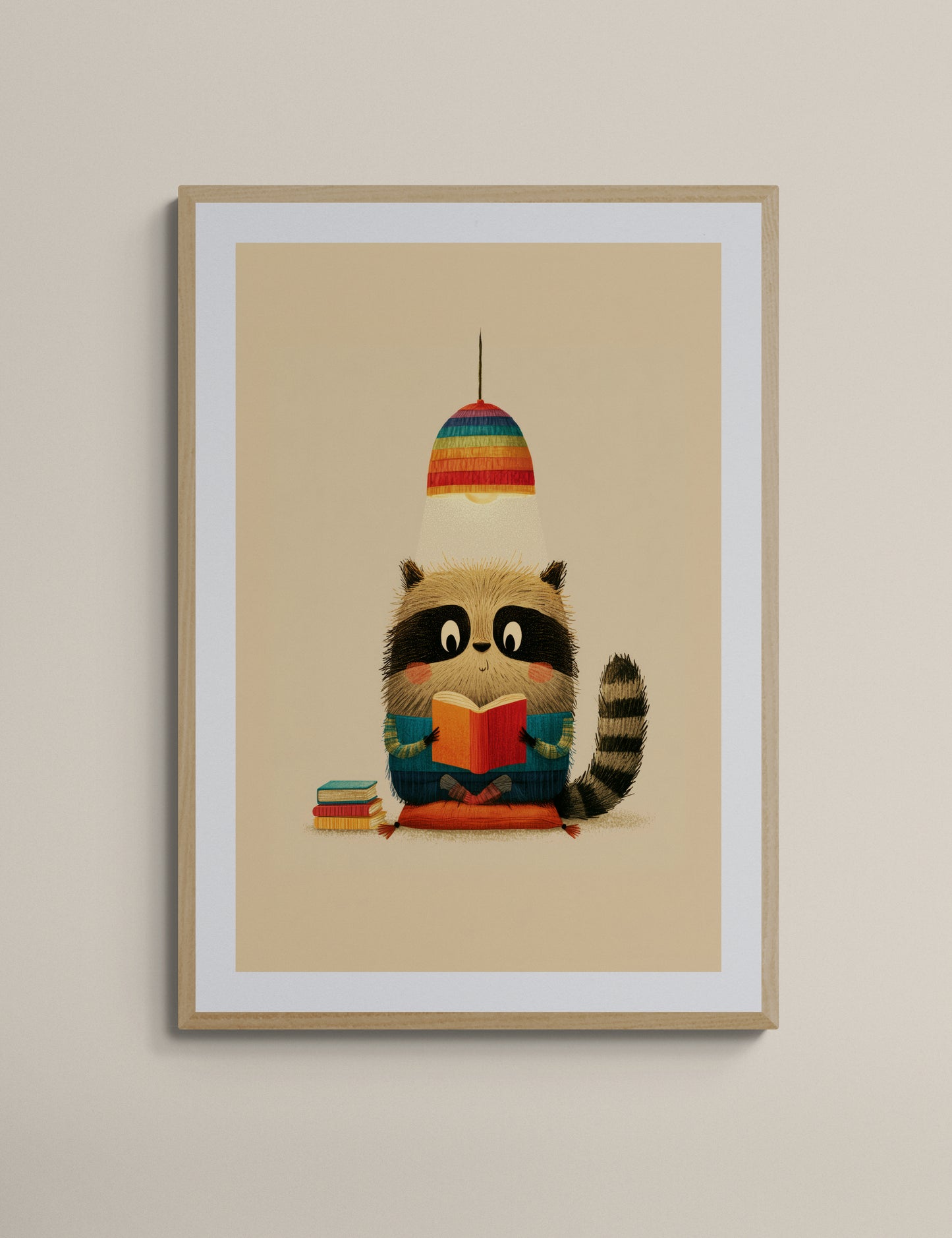 Reading Raccoon Under Rainbow Lamp – Whimsical Woodland Nursery Illustration in Cozy Beige and Blue