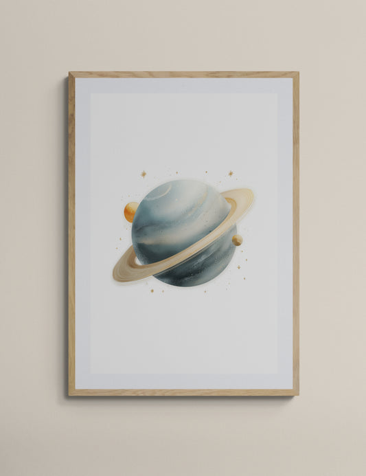Watercolor Saturn Planet Nursery Wall Art Print, Neutral Blue Gold Space Kids Room Decor