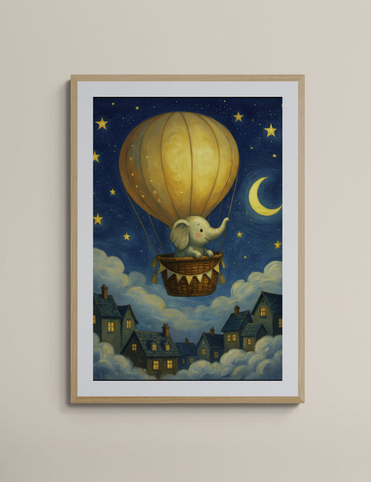 Dreamy Elephant Balloon Ride Under Moon and Stars - Whimsical Gouache Nursery Wall Art Print