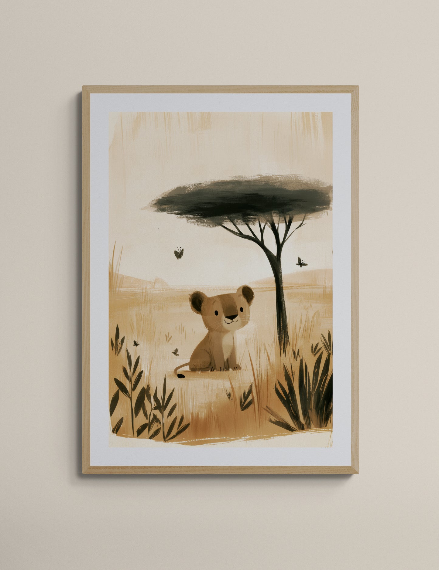 Cute Baby Lion Cub in the Savanna – Minimalist Safari Illustration in Warm Neutrals for Nursery and Kids Room