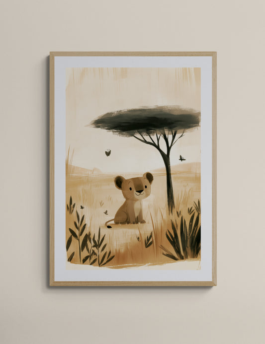 Cute Baby Lion Cub in the Savanna – Minimalist Safari Illustration in Warm Neutrals for Nursery and Kids Room