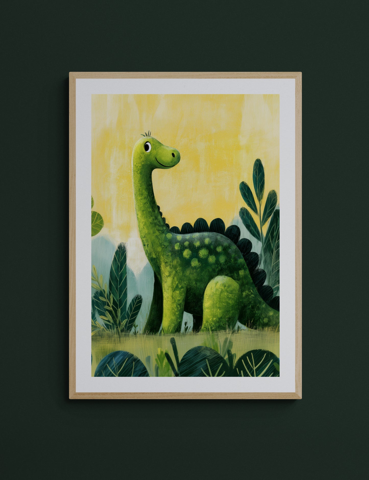 Happy Green Dinosaur in a Jungle – Whimsical Kids Wall Art Print, Playful Nursery Decor, Cute Brontosaurus Illustration