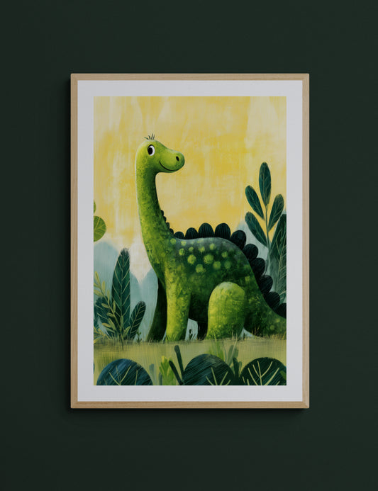 Happy Green Dinosaur in a Jungle – Whimsical Kids Wall Art Print, Playful Nursery Decor, Cute Brontosaurus Illustration