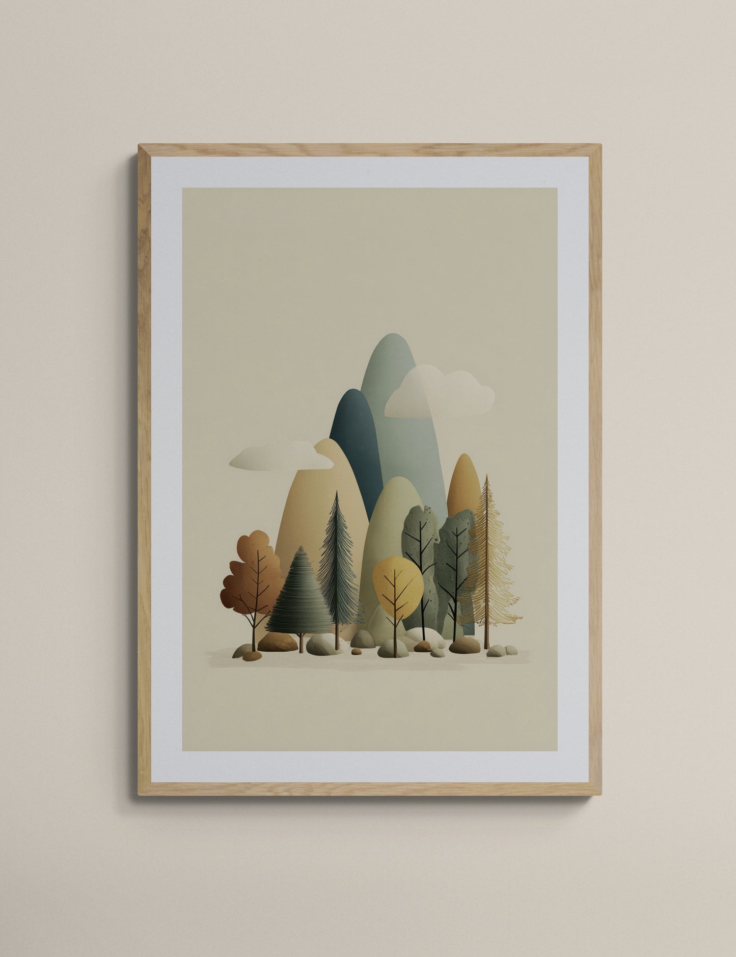 Minimal Mountain Forest Nursery Wall Art, Scandinavian Woodland Landscape, Neutral Kids Room Decor