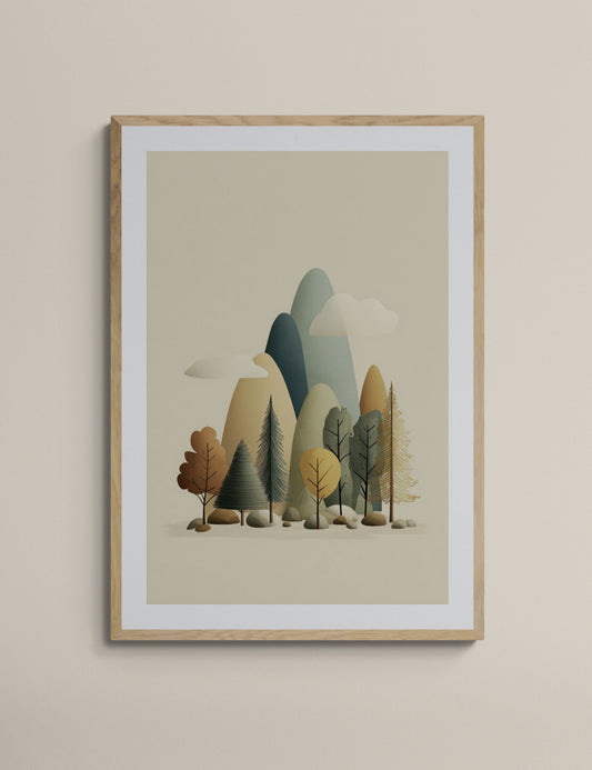 Minimal Mountain Forest Nursery Wall Art, Scandinavian Woodland Landscape, Neutral Kids Room Decor