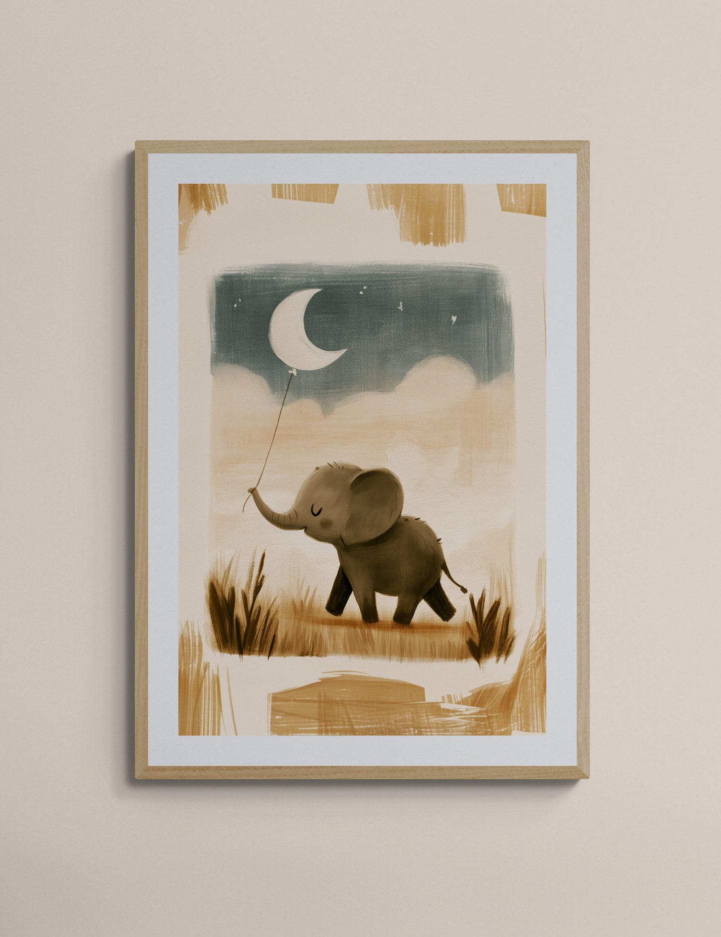 Baby Elephant with Moon Balloon — Whimsical Minimalist Safari Nursery Illustration in Warm Neutrals