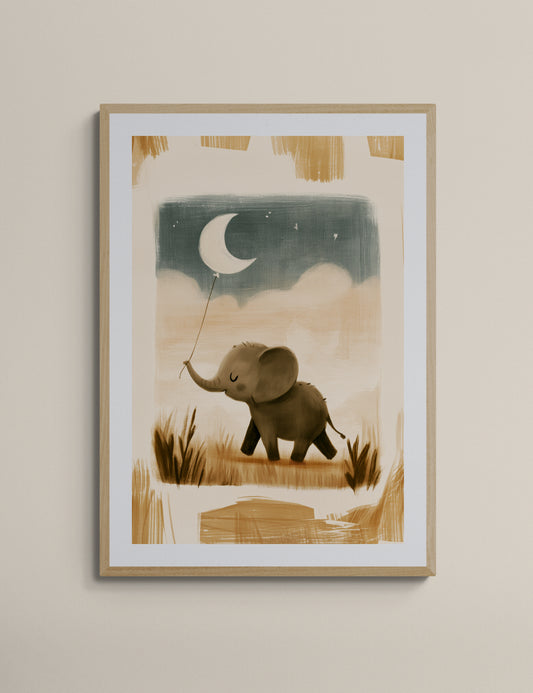 Baby Elephant with Moon Balloon — Whimsical Minimalist Safari Nursery Illustration in Warm Neutrals